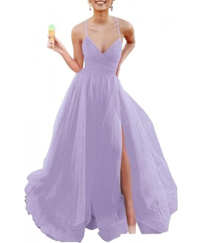 Women’s A-line Tulle Prom Dresses with Slit, Long V Neck Pleated Formal Evening Party Gowns Bridesmaid Dress Lilac $41.40 Dre...