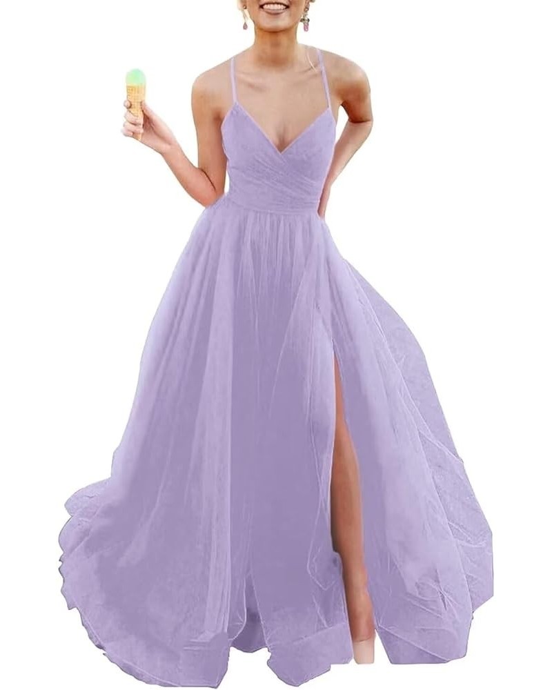 Women’s A-line Tulle Prom Dresses with Slit, Long V Neck Pleated Formal Evening Party Gowns Bridesmaid Dress Lilac $41.40 Dre...