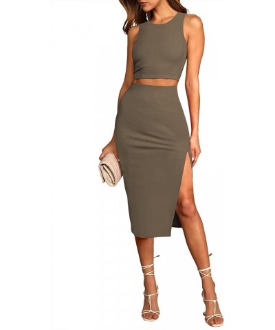 2 Piece Dress for Women Sexy Sleeveless Slim Bodycon Split Midi Dresses Casual Crewneck Tank Tops High Waist Skirt Sets Deep ...