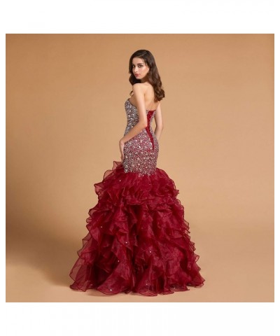 Crystals Long Mermaid Ruffles Beaded Sweetheart Corset Formal Prom Evening Dresses Plum Purple $58.80 Dresses