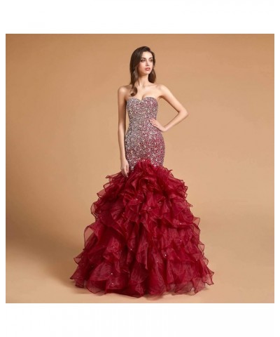 Crystals Long Mermaid Ruffles Beaded Sweetheart Corset Formal Prom Evening Dresses Plum Purple $58.80 Dresses