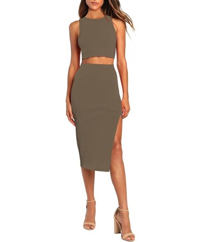 2 Piece Dress for Women Sexy Sleeveless Slim Bodycon Split Midi Dresses Casual Crewneck Tank Tops High Waist Skirt Sets Deep ...