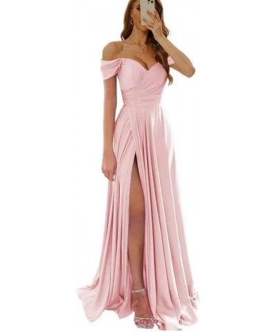 Women's Off Shoulder Satin Bridesmaid Dresses A Line Long Pleated 2024 Formal Prom Party Gowns with Slit Pink $34.80 Dresses