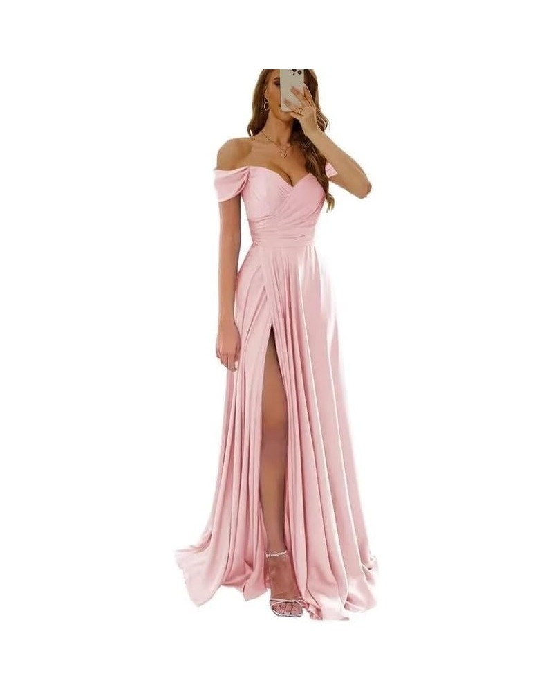 Women's Off Shoulder Satin Bridesmaid Dresses A Line Long Pleated 2024 Formal Prom Party Gowns with Slit Pink $34.80 Dresses