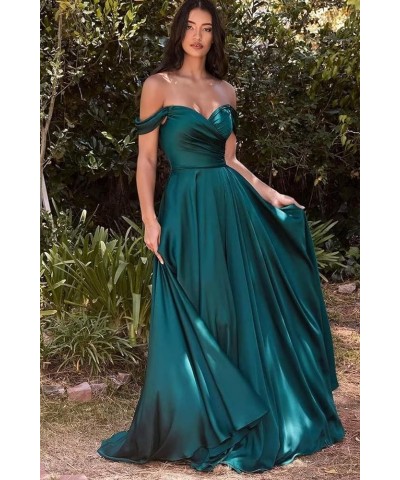 Women's Off Shoulder Satin Bridesmaid Dresses A Line Long Pleated 2024 Formal Prom Party Gowns with Slit Pink $34.80 Dresses