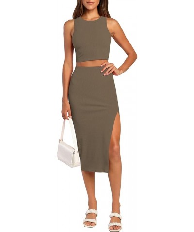 2 Piece Dress for Women Sexy Sleeveless Slim Bodycon Split Midi Dresses Casual Crewneck Tank Tops High Waist Skirt Sets Deep ...