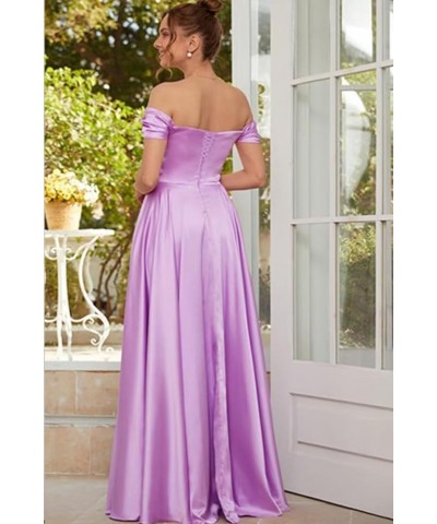 Women's Off Shoulder Satin Bridesmaid Dresses A Line Long Pleated 2024 Formal Prom Party Gowns with Slit Pink $34.80 Dresses