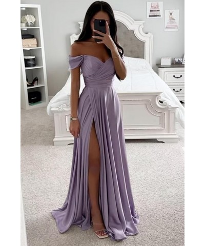 Women's Off Shoulder Satin Bridesmaid Dresses A Line Long Pleated 2024 Formal Prom Party Gowns with Slit Pink $34.80 Dresses