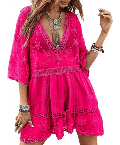 Women's Contrast Lace Bathing Suit Cover Up V-Neck Coverups Swimwear Swimsuit Loose Swim Beach Dress Beachwear Hot Pink $15.1...