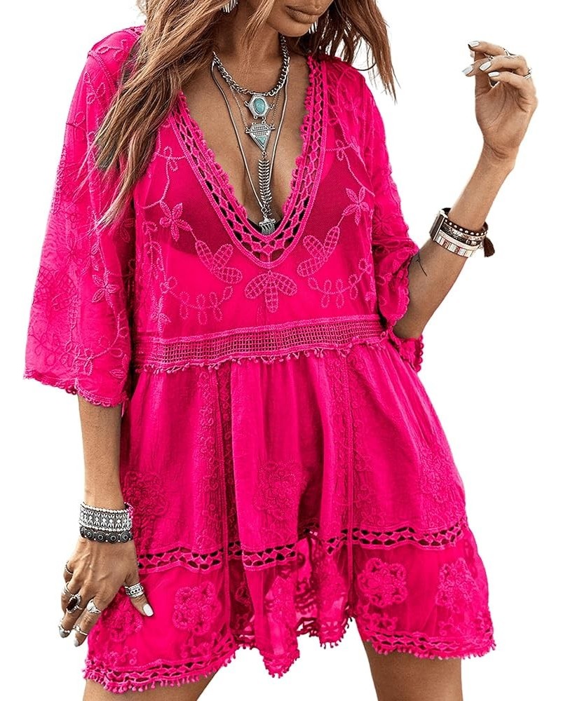 Women's Contrast Lace Bathing Suit Cover Up V-Neck Coverups Swimwear Swimsuit Loose Swim Beach Dress Beachwear Hot Pink $15.1...