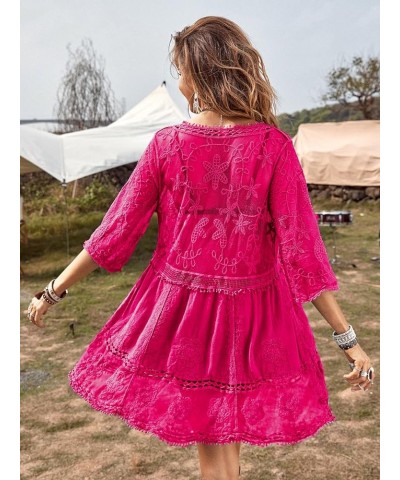 Women's Contrast Lace Bathing Suit Cover Up V-Neck Coverups Swimwear Swimsuit Loose Swim Beach Dress Beachwear Hot Pink $15.1...