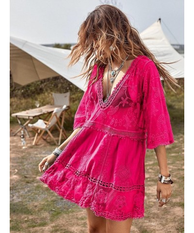 Women's Contrast Lace Bathing Suit Cover Up V-Neck Coverups Swimwear Swimsuit Loose Swim Beach Dress Beachwear Hot Pink $15.1...