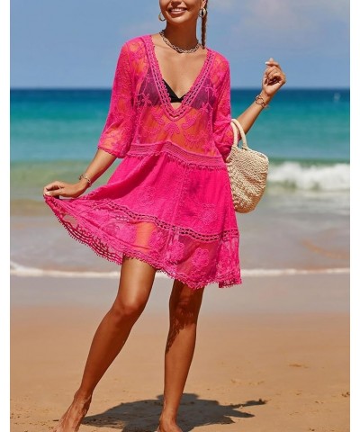 Women's Contrast Lace Bathing Suit Cover Up V-Neck Coverups Swimwear Swimsuit Loose Swim Beach Dress Beachwear Hot Pink $15.1...