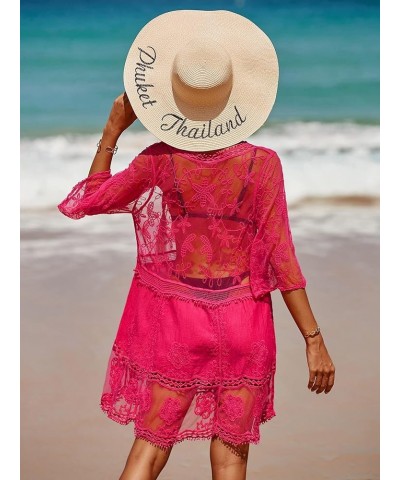 Women's Contrast Lace Bathing Suit Cover Up V-Neck Coverups Swimwear Swimsuit Loose Swim Beach Dress Beachwear Hot Pink $15.1...