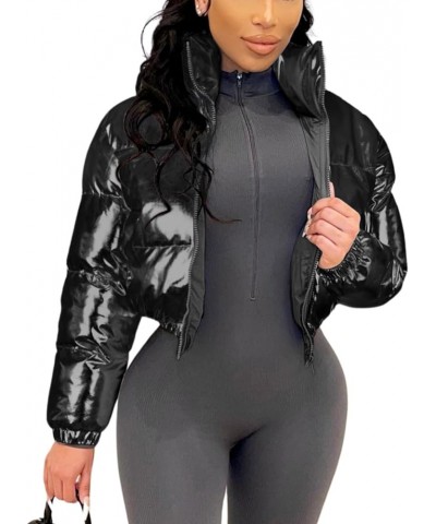 Womens Cropped Puffer Jacket Lightweight Zipper Shiny Outerwear Coats For Women Black $22.56 Jackets