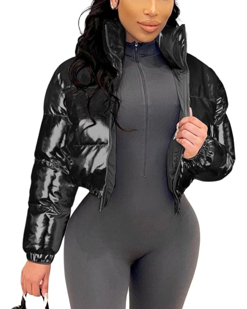 Womens Cropped Puffer Jacket Lightweight Zipper Shiny Outerwear Coats For Women Black $22.56 Jackets