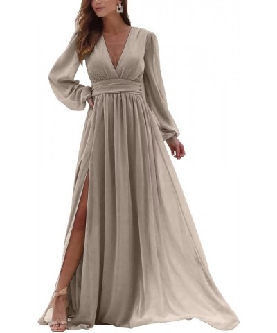 Women’s V Neck Chiffon Bridesmaid Dresses with Slit Long Sleeve Formal Evening Party Gowns Wedding Dress Taupe $30.15 Dresses