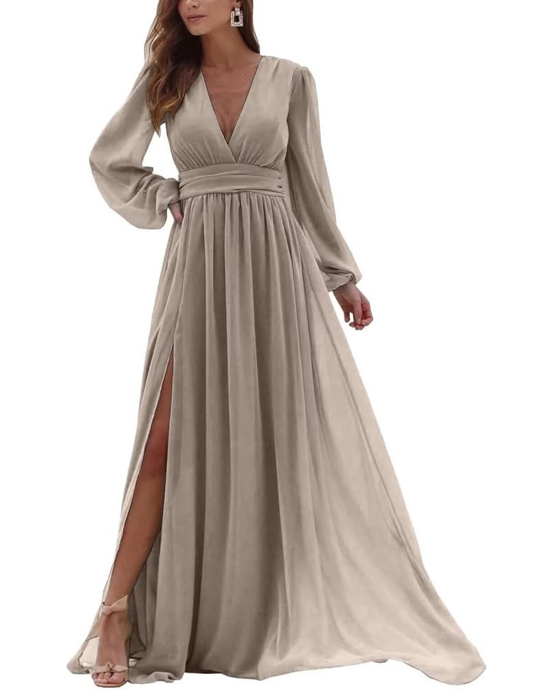 Women’s V Neck Chiffon Bridesmaid Dresses with Slit Long Sleeve Formal Evening Party Gowns Wedding Dress Taupe $30.15 Dresses