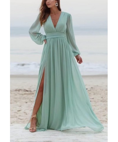 Women’s V Neck Chiffon Bridesmaid Dresses with Slit Long Sleeve Formal Evening Party Gowns Wedding Dress Taupe $30.15 Dresses