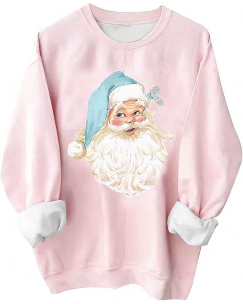 Pink Christmas Sweatshirts For Women Funny Santa Claus Grahic Long Sleeve Crewneck Shirts Loose Casual Pullover Tops Pink-chr...