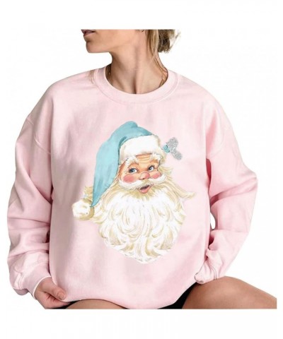 Pink Christmas Sweatshirts For Women Funny Santa Claus Grahic Long Sleeve Crewneck Shirts Loose Casual Pullover Tops Pink-chr...