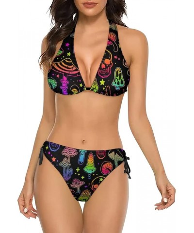 Women Two Piece Swimsuit Sexy Halter 80s 90s Geometric Bikini Sets Triangle Swimwear Bathing Suit Mushroom Skull $16.17 Swims...