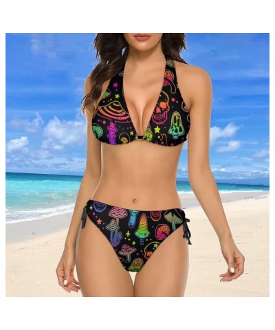 Women Two Piece Swimsuit Sexy Halter 80s 90s Geometric Bikini Sets Triangle Swimwear Bathing Suit Mushroom Skull $16.17 Swims...