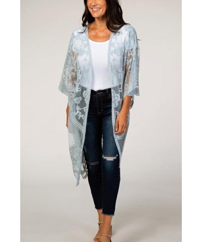 Women's Lace Cardigan See Through Dress Boho Long Kimono Beach Swimsuit Cover Up Dresses Blue Gray $16.32 Swimsuits