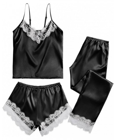 Women's 3 Piece Satin Pajamas Set Lace Cami Top and Shorts with Pants PJs Sleepwear Set Black $13.76 Sleep & Lounge