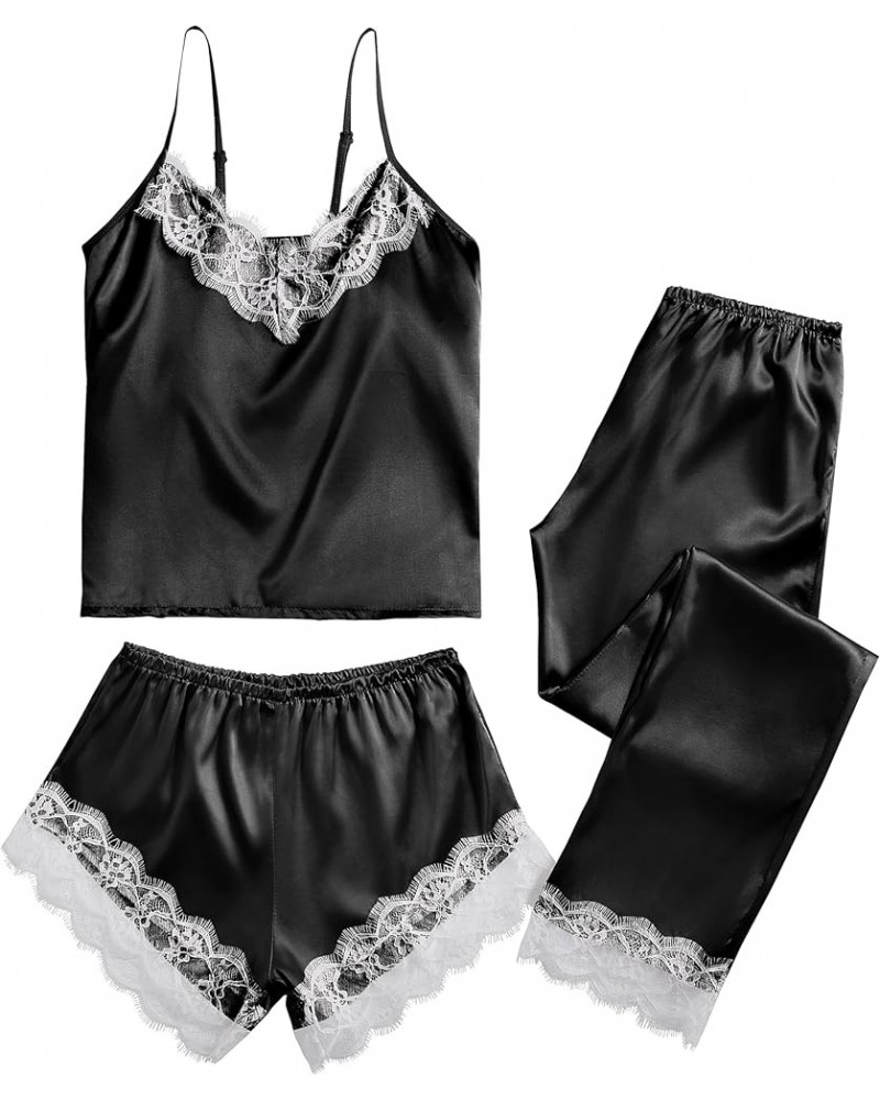 Women's 3 Piece Satin Pajamas Set Lace Cami Top and Shorts with Pants PJs Sleepwear Set Black $13.76 Sleep & Lounge