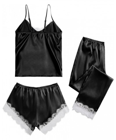 Women's 3 Piece Satin Pajamas Set Lace Cami Top and Shorts with Pants PJs Sleepwear Set Black $13.76 Sleep & Lounge