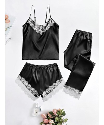 Women's 3 Piece Satin Pajamas Set Lace Cami Top and Shorts with Pants PJs Sleepwear Set Black $13.76 Sleep & Lounge