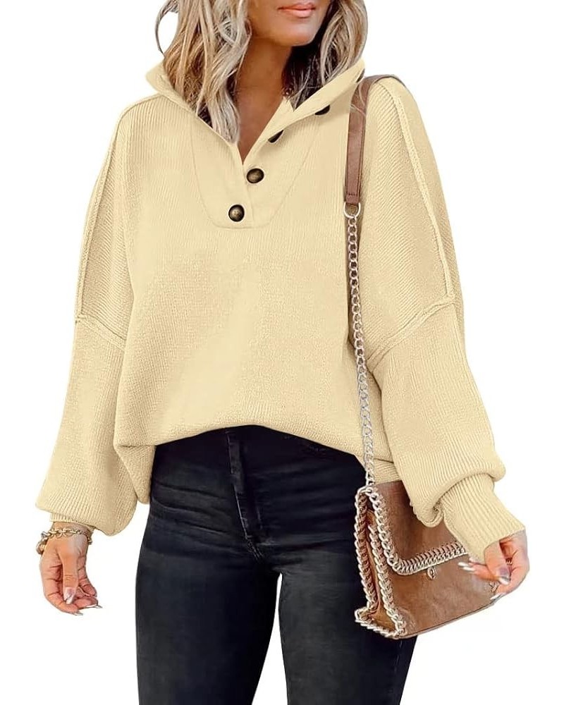 Women's Long Sleeve Button Up Drop Shoulder Sweaters 2023 Fall Oversized Slit Side Knit Pullover Sweater Apricot $10.19 Sweaters