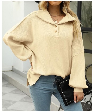 Women's Long Sleeve Button Up Drop Shoulder Sweaters 2023 Fall Oversized Slit Side Knit Pullover Sweater Apricot $10.19 Sweaters