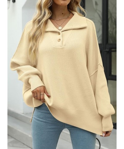 Women's Long Sleeve Button Up Drop Shoulder Sweaters 2023 Fall Oversized Slit Side Knit Pullover Sweater Apricot $10.19 Sweaters