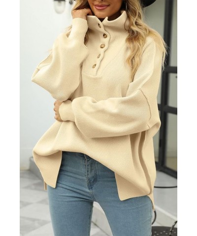 Women's Long Sleeve Button Up Drop Shoulder Sweaters 2023 Fall Oversized Slit Side Knit Pullover Sweater Apricot $10.19 Sweaters