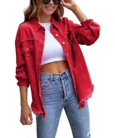 Women's Oversized Denim Jacket Casual Long Sleeve Boyfriend Ripped Distressed Jean Jacket Coat Red-long $14.00 Jackets