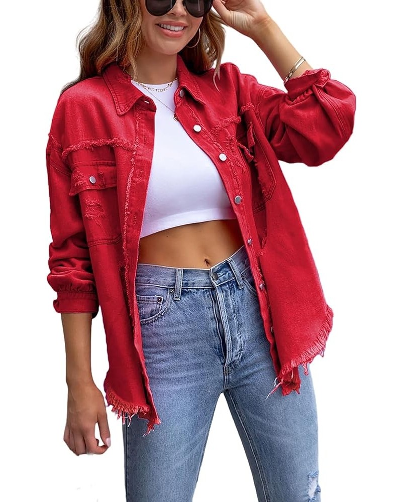 Women's Oversized Denim Jacket Casual Long Sleeve Boyfriend Ripped Distressed Jean Jacket Coat Red-long $14.00 Jackets