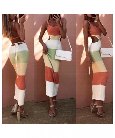 2023 Knit Bodycon Dresses for Women Summer Hollow Out Backless Maxi Dress Sexy Low Cut Y2k Beach Vacation Slip Dress Stripe O...