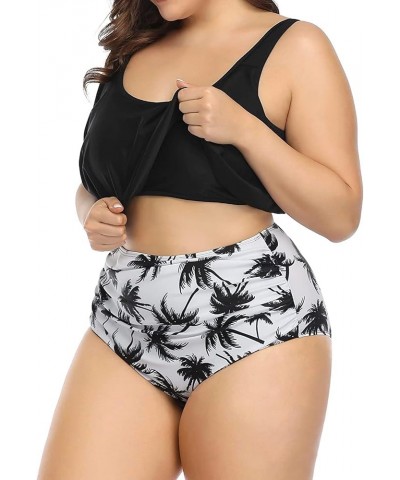 Two Piece Plus Size Swimsuit for Women High Waisted Bathing Suit Tummy Control Tankini Top Bikini Bottom Black Leaf $16.06 Sw...