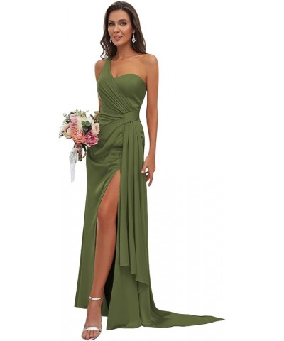 One Shoulder Satin Bridesmaid Dress Long for Women Sleeveless Ruched Formal Dress with Slit LN376 Olive Green $29.25 Dresses