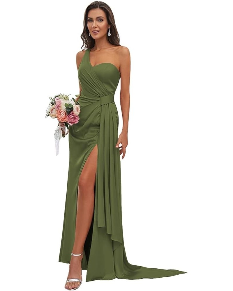 One Shoulder Satin Bridesmaid Dress Long for Women Sleeveless Ruched Formal Dress with Slit LN376 Olive Green $29.25 Dresses