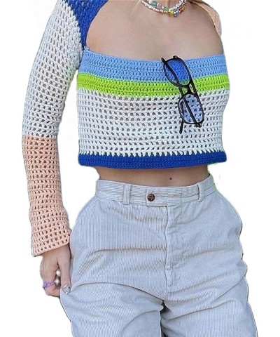 Women Hollow Out Crochet Knit Sweater Crop Tops Color Block Long Sleeve Summer Fall Jumper Pullover Tops Streetwear A Orange ...