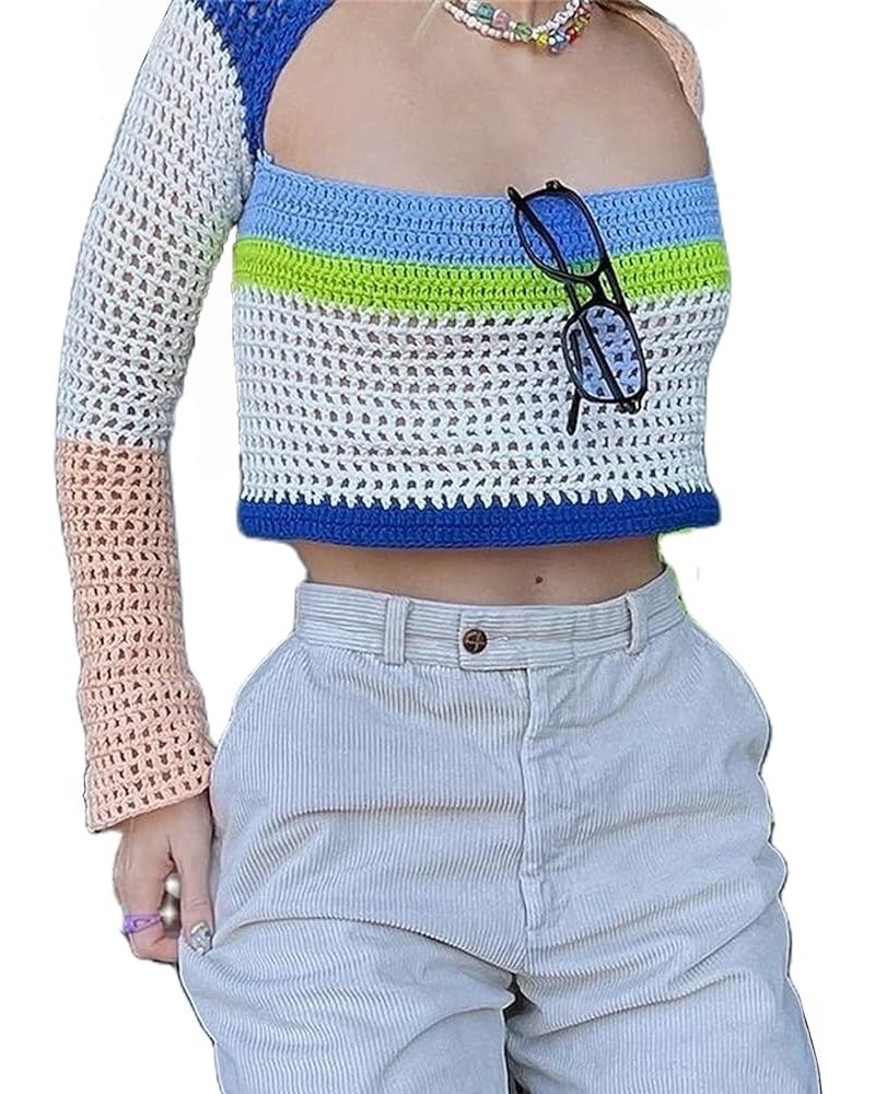 Women Hollow Out Crochet Knit Sweater Crop Tops Color Block Long Sleeve Summer Fall Jumper Pullover Tops Streetwear A Orange ...