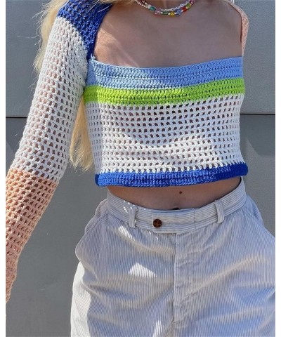 Women Hollow Out Crochet Knit Sweater Crop Tops Color Block Long Sleeve Summer Fall Jumper Pullover Tops Streetwear A Orange ...