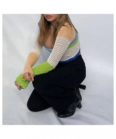 Women Hollow Out Crochet Knit Sweater Crop Tops Color Block Long Sleeve Summer Fall Jumper Pullover Tops Streetwear A Orange ...