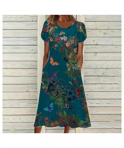 Floral Printed Casual Dress for Women Summer Crewneck Short Sleeve Swing Pleated Midi Dress Beach Party Sundress Z 46-dark Bl...