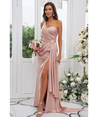 One Shoulder Satin Bridesmaid Dress Long for Women Sleeveless Ruched Formal Dress with Slit LN376 Olive Green $29.25 Dresses