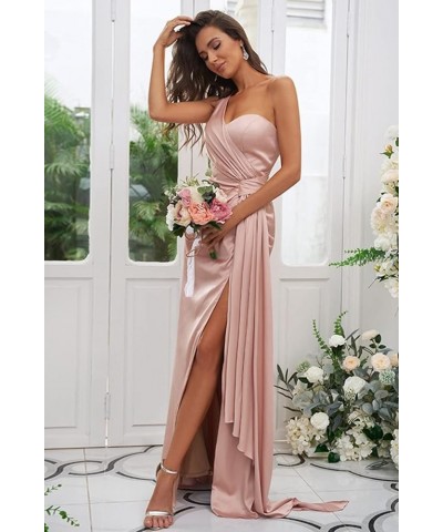 One Shoulder Satin Bridesmaid Dress Long for Women Sleeveless Ruched Formal Dress with Slit LN376 Olive Green $29.25 Dresses