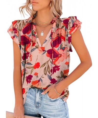 Women's Casual V Neck Tops Drawstring Short Sleeve T Shirt Blouses B Red Flower $11.99 Blouses